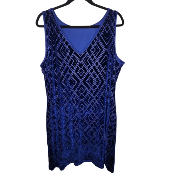 White House Black Market Womens XL Deep Blue Velvet Diamond Pattern Party Dress - Picture 2 of 6